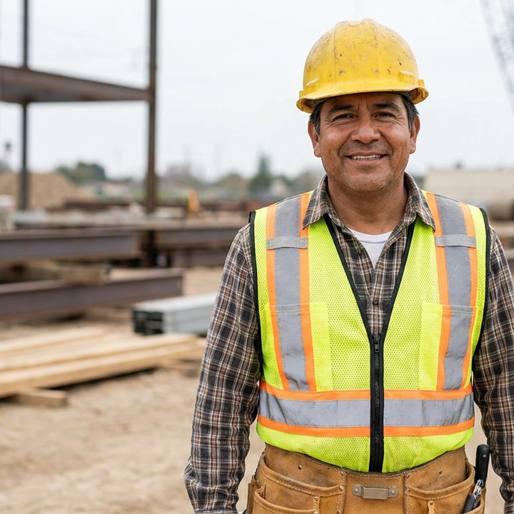 Construction foreman wearing hard hat and safety vest